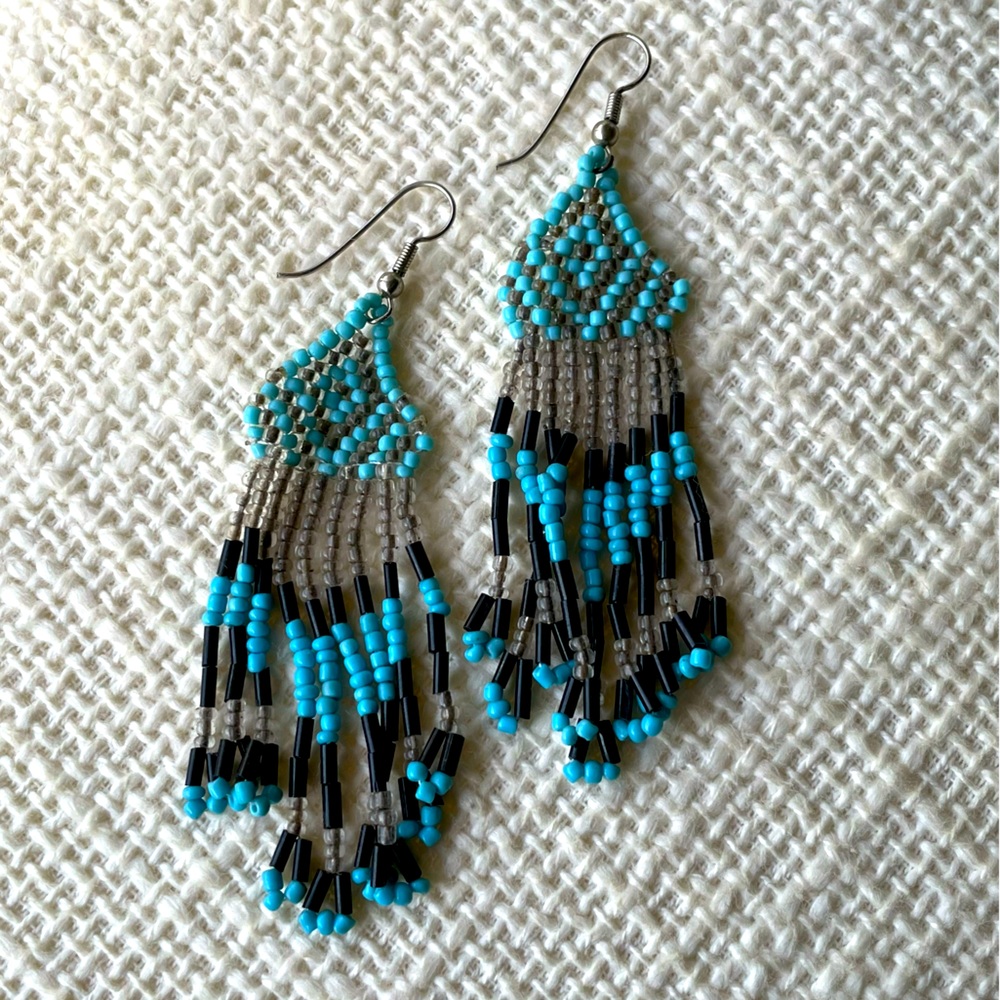 Aqua, black & smoky (grey/clear) diamond pattern fringe seed bead 3” earrings